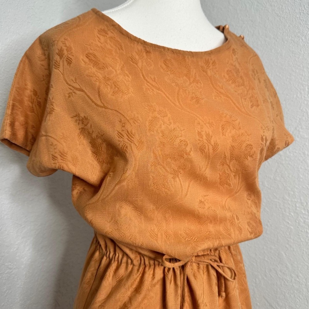 Vintage 70s Jacquard Midi Boho Terracotta Floral Dolman Sleeve Button Shoulder M - Picture 3 of 9